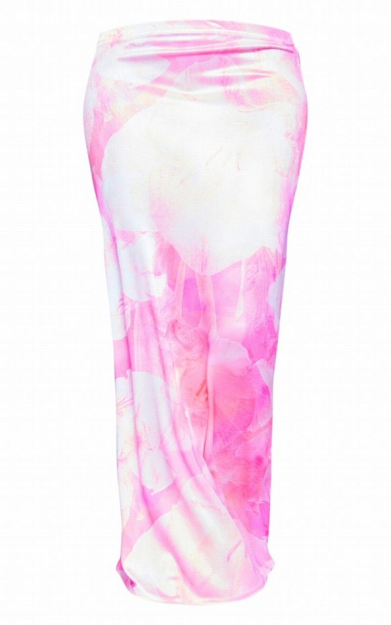 Fuste Pretty Little Thing Floral Print Acetate Slinky Low Rise Midaxi Roz Deschis | QAJK14086