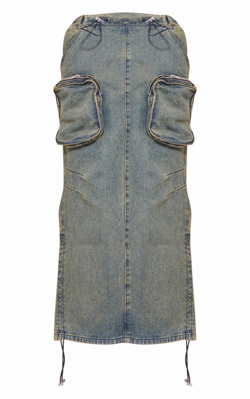 Fuste Pretty Little Thing Indigo Vintage Wash Cargo Pocket Elasticated Talie Indigo Albastru Deschis | WIZK03812