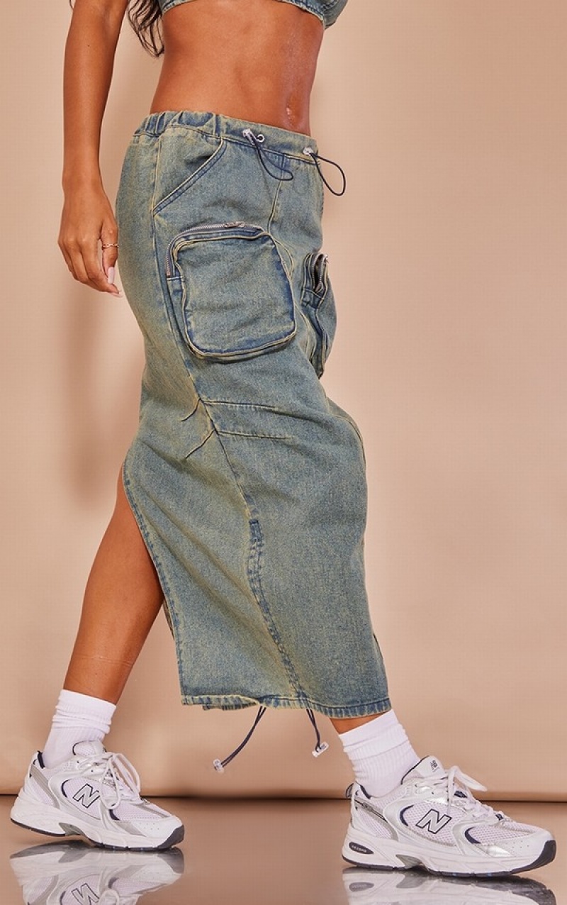 Fuste Pretty Little Thing Indigo Vintage Wash Cargo Pocket Elasticated Talie Indigo Albastru Deschis | WIZK03812