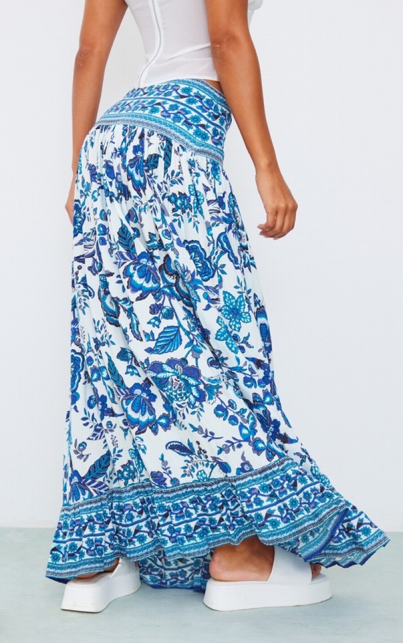 Fuste Pretty Little Thing Mosaic Printed Bumbac Maxi Albastri | HKLZ40865