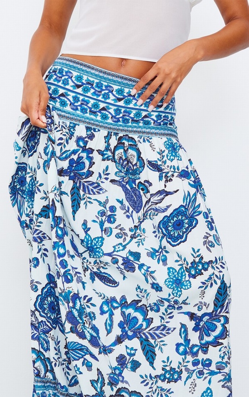 Fuste Pretty Little Thing Mosaic Printed Bumbac Maxi Albastri | HKLZ40865