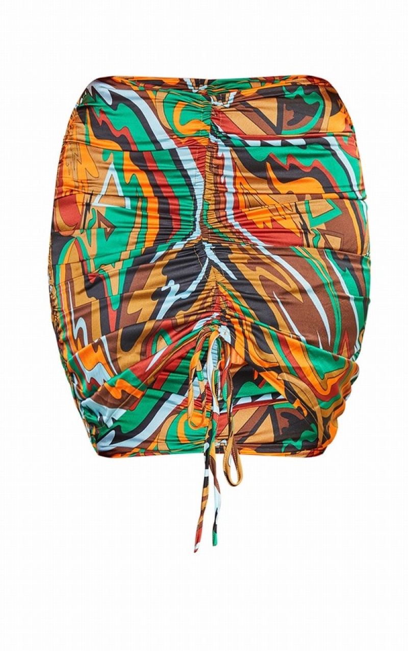 Fuste Pretty Little Thing Multi Abstract Print Ruched Front Colorati | OKIV59803