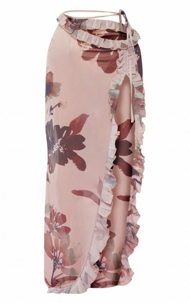 Fuste Pretty Little Thing Petite Floral Print Mesh Split Detail Maxi Bej | CSBE15792