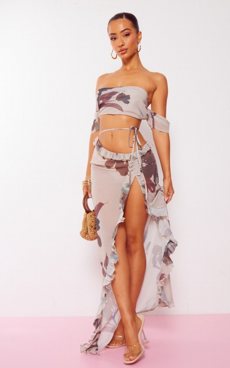 Fuste Pretty Little Thing Petite Floral Print Mesh Split Detail Maxi Bej | CSBE15792