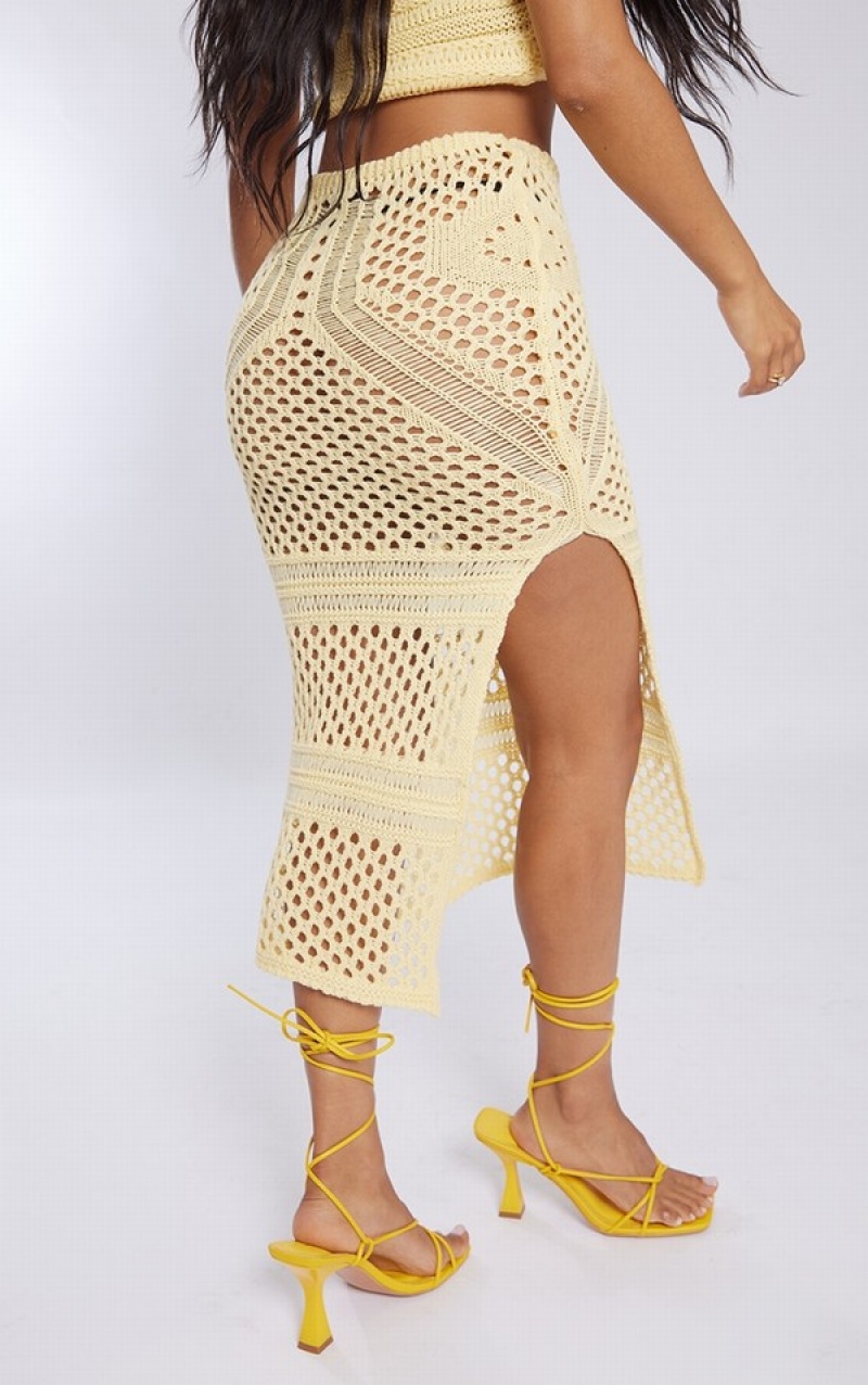 Fuste Pretty Little Thing Petite Lemon Crochet Tricotate Midaxi Lămâie | ZUGA59820