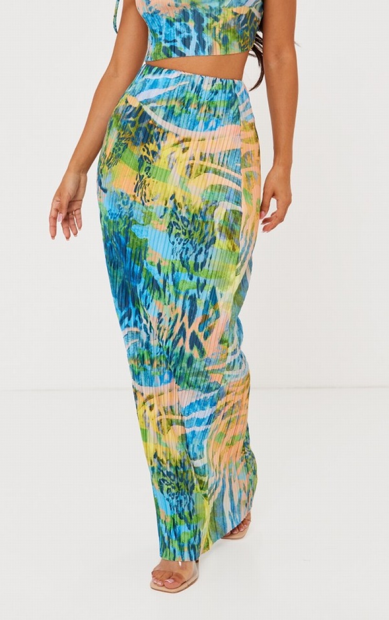 Fuste Pretty Little Thing Petite Multi Abstract Animal Print Plisse Maxi Colorati | DNVE31968