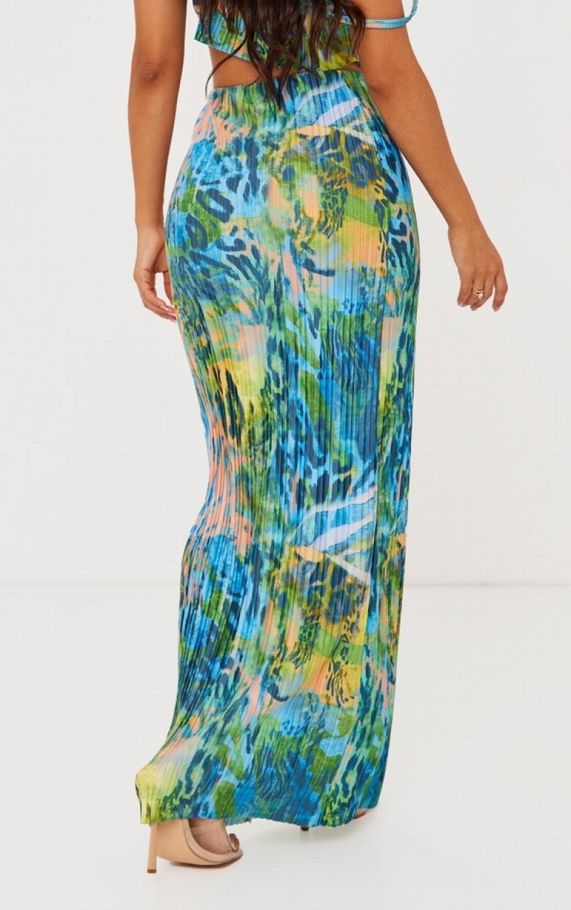 Fuste Pretty Little Thing Petite Multi Abstract Animal Print Plisse Maxi Colorati | DNVE31968