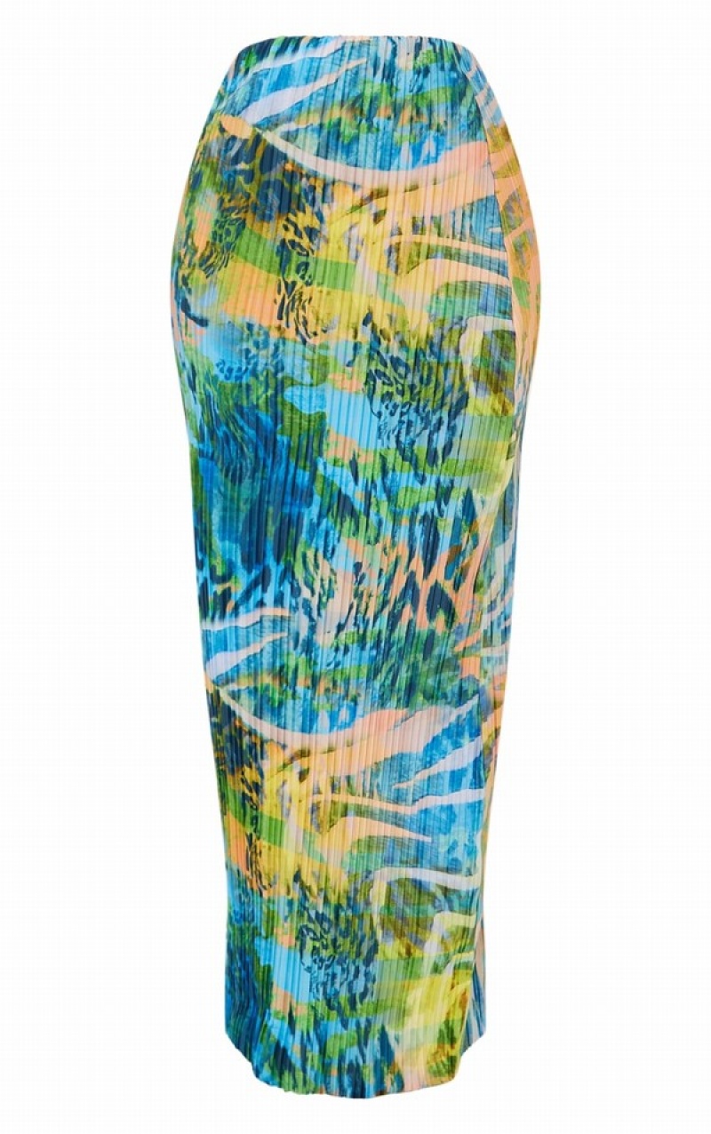 Fuste Pretty Little Thing Petite Multi Abstract Animal Print Plisse Maxi Colorati | DNVE31968