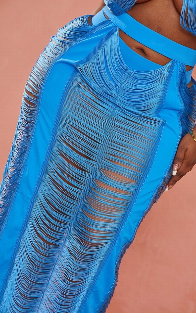 Fuste Pretty Little Thing Plus Bright Fringed Maxi Albastri Deschis | ZFDX71248