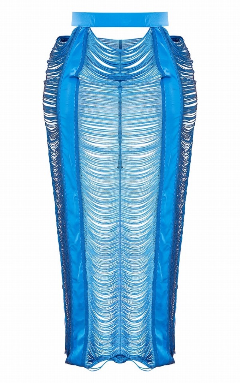 Fuste Pretty Little Thing Plus Bright Fringed Maxi Albastri Deschis | ZFDX71248