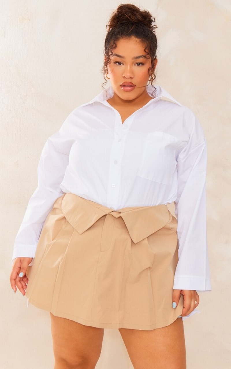 Fuste Pretty Little Thing Plus Camel Fold Over Detail Plisat Maro | NCUV32518
