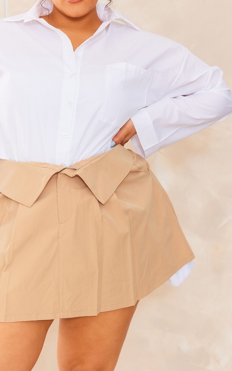 Fuste Pretty Little Thing Plus Camel Fold Over Detail Plisat Maro | NCUV32518