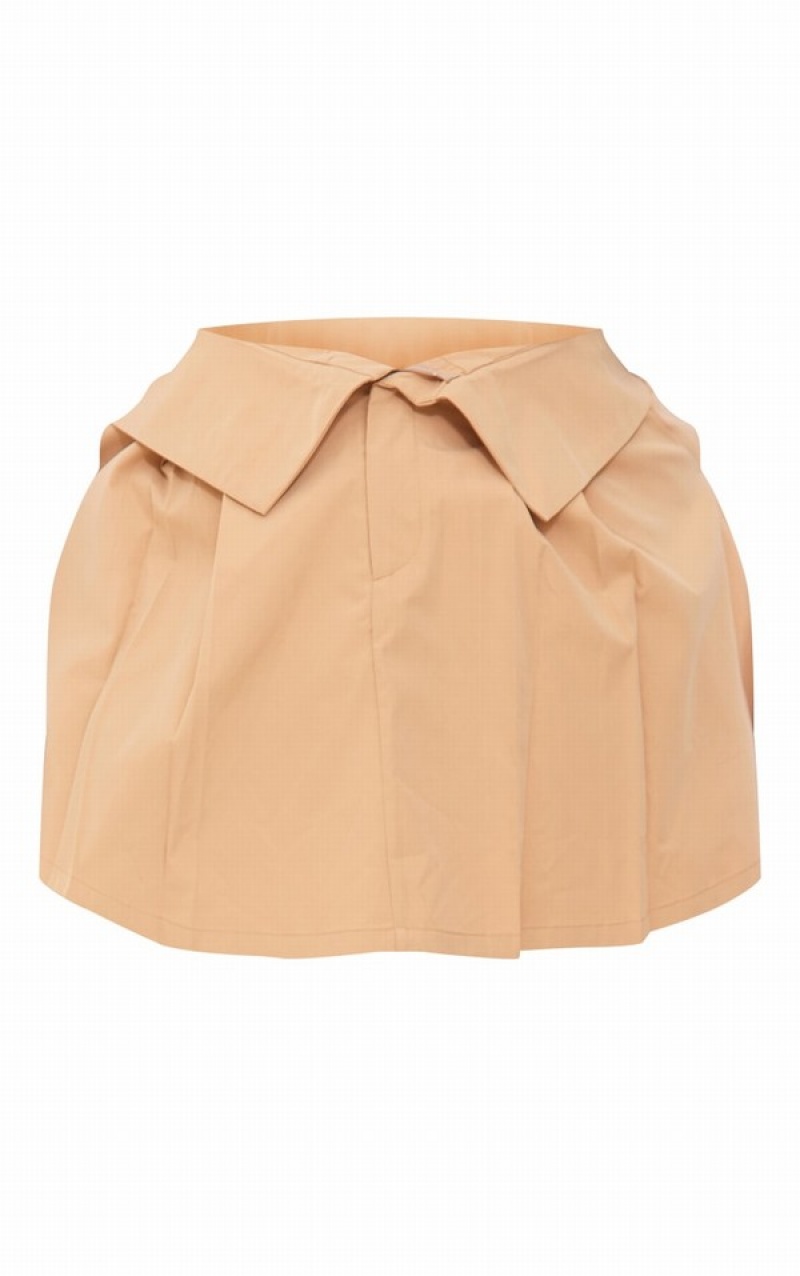 Fuste Pretty Little Thing Plus Camel Fold Over Detail Plisat Maro | NCUV32518