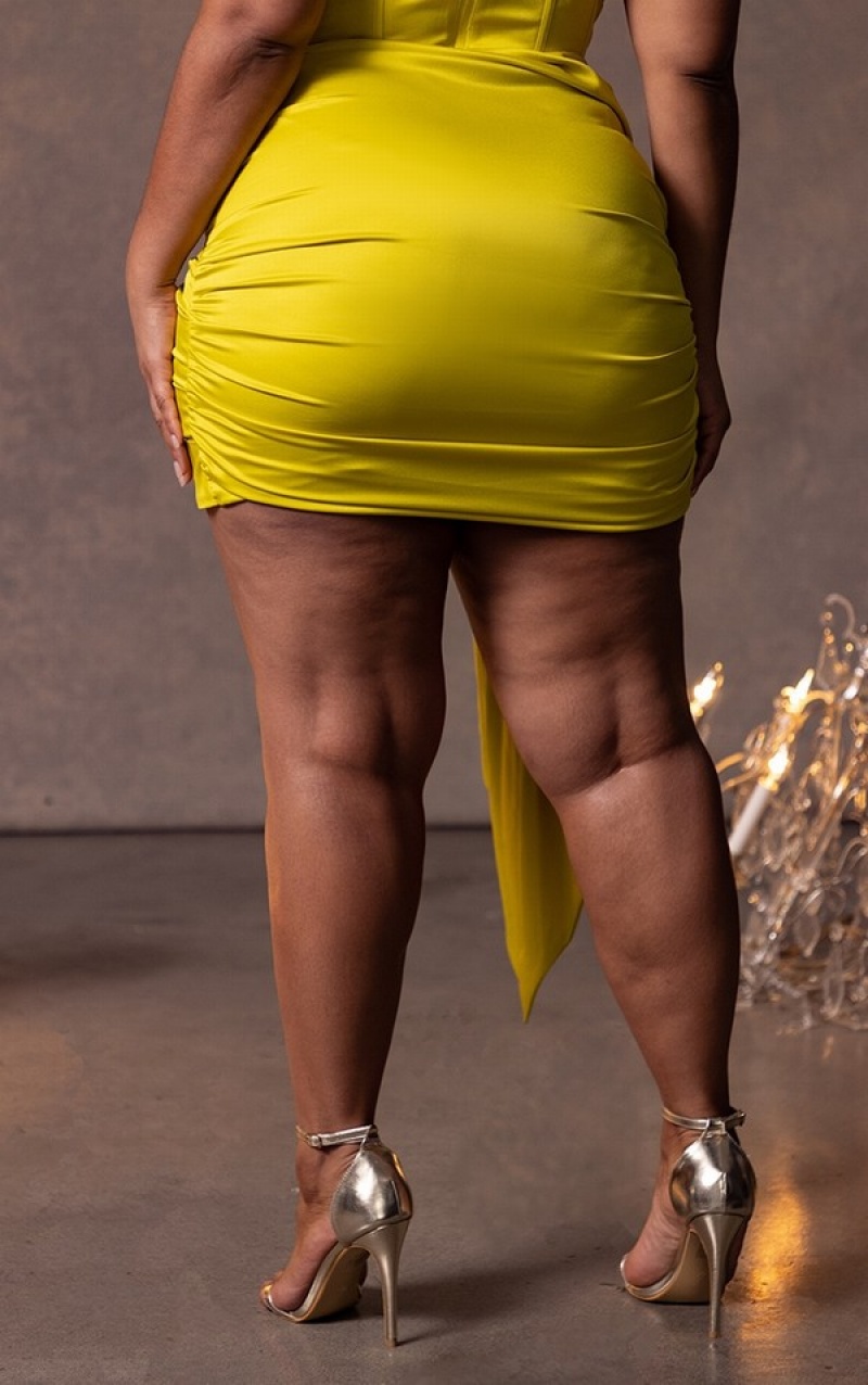 Fuste Pretty Little Thing Plus Chartreuse Constructed Satin Ruched Drape Bodycon Galbeni | TFPM67253