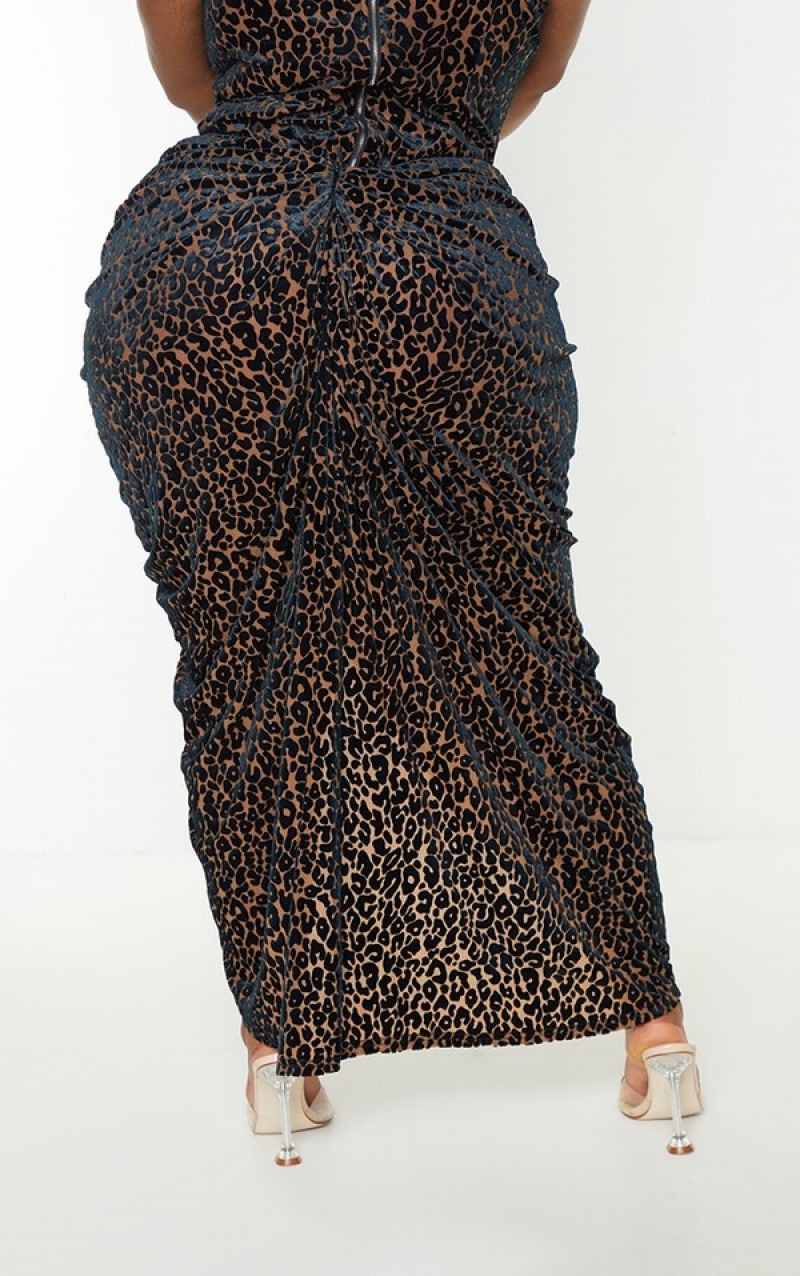 Fuste Pretty Little Thing Plus Leopard Velvet Ruched Side Ciocolata | TYFO06745