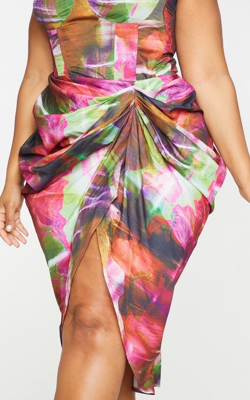 Fuste Pretty Little Thing Plus Lime TextuPrint Ruched Side Verzi Deschis | SDFP43605