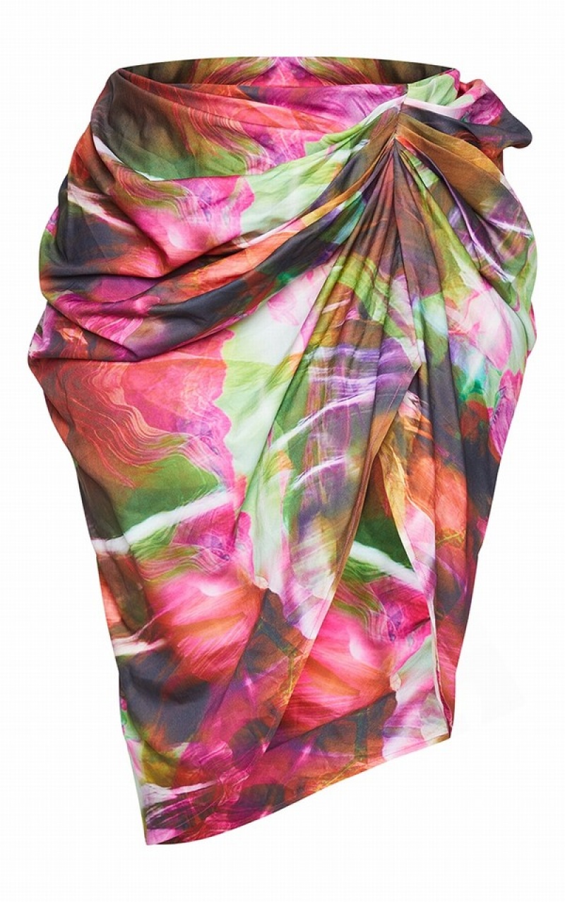 Fuste Pretty Little Thing Plus Lime TextuPrint Ruched Side Verzi Deschis | SDFP43605