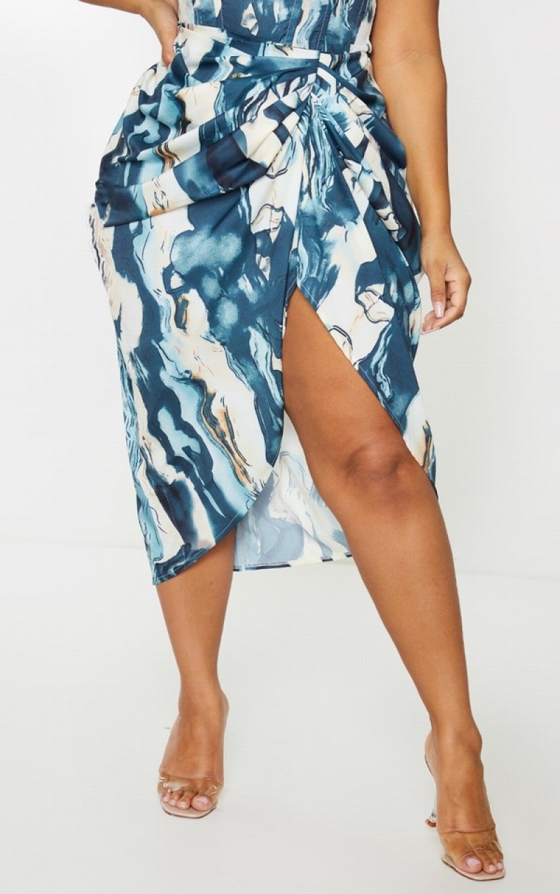 Fuste Pretty Little Thing Plus Marble Print Ruched Side Albi | VAWM17954