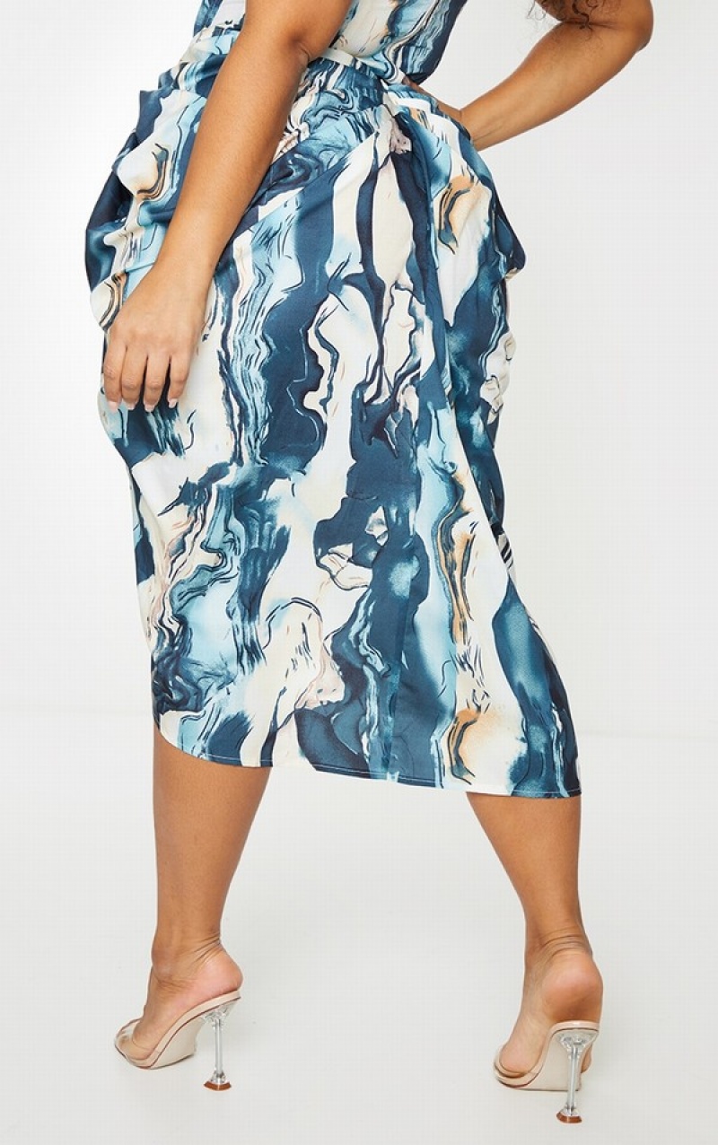 Fuste Pretty Little Thing Plus Marble Print Ruched Side Albi | VAWM17954
