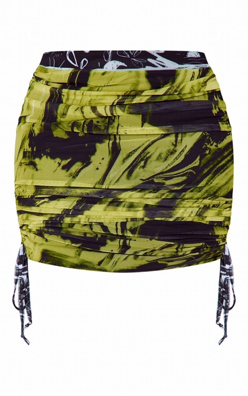 Fuste Pretty Little Thing Plus Multi Abstract Print Ruched Mesh Colorati | UHJV92531