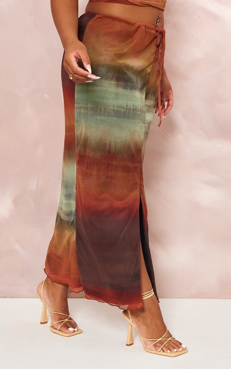 Fuste Pretty Little Thing Plus Ombre Printed Ruched Maxi Portocalii | GLVN37582
