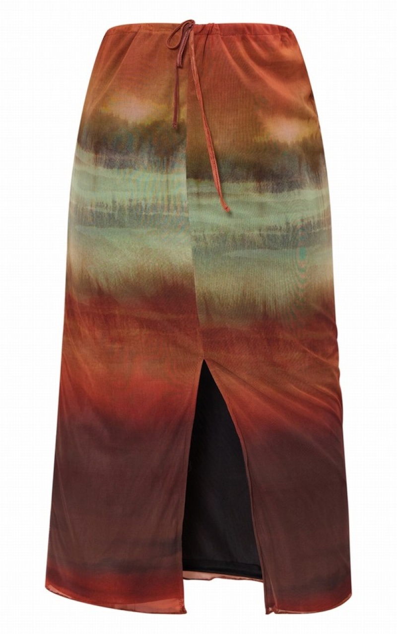 Fuste Pretty Little Thing Plus Ombre Printed Ruched Maxi Portocalii | GLVN37582