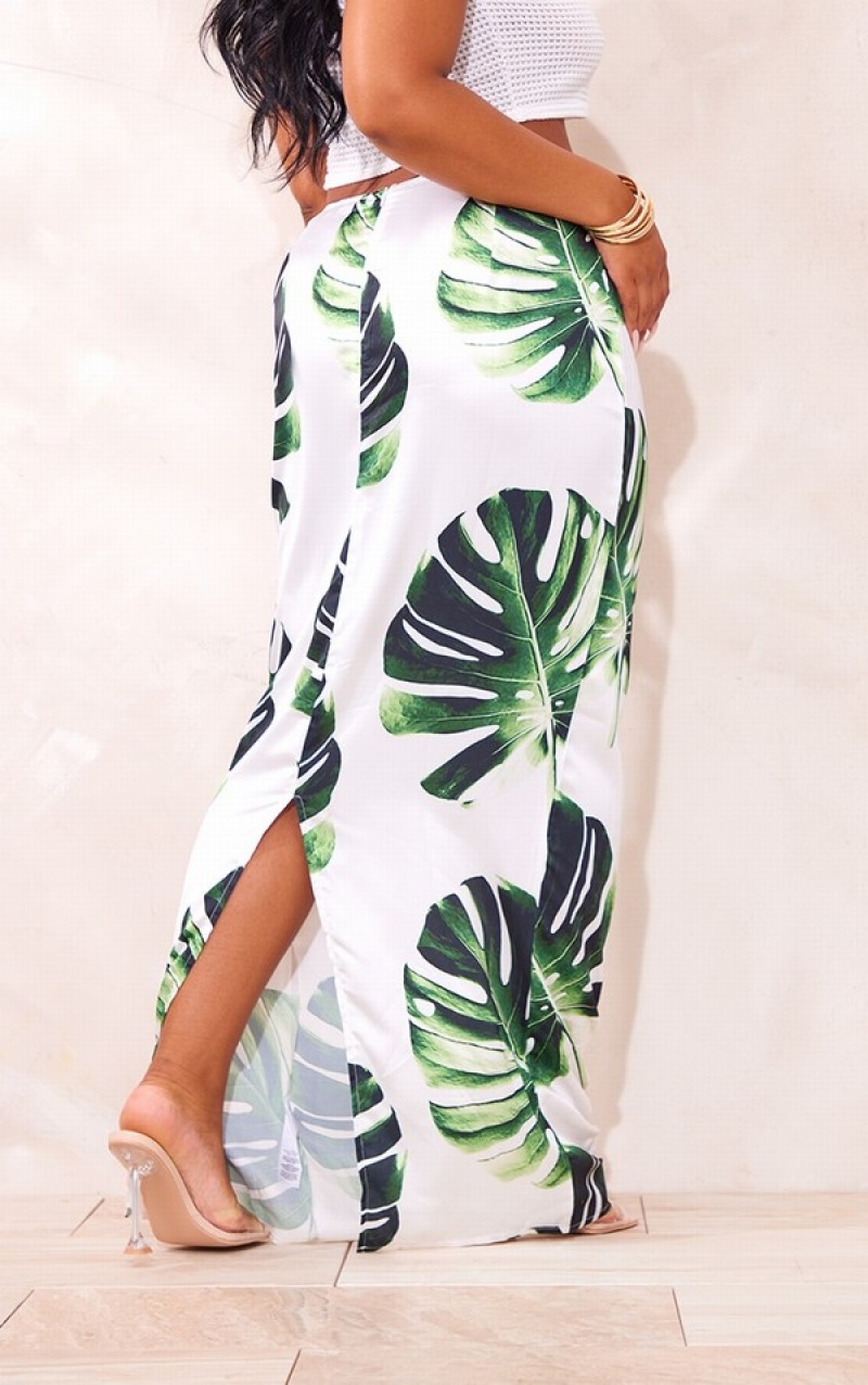 Fuste Pretty Little Thing Plus Palm Leaf Printed Satin Low Rise Maxi Albi | FGVU26058