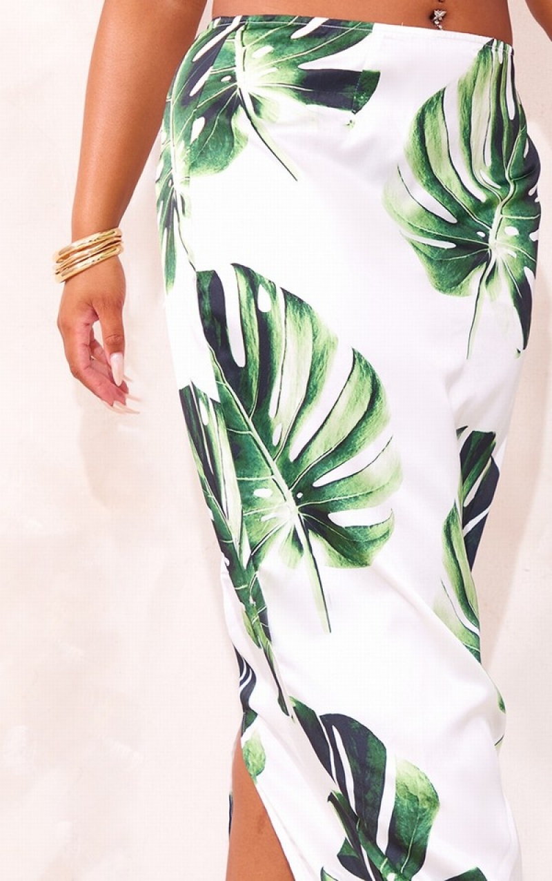 Fuste Pretty Little Thing Plus Palm Leaf Printed Satin Low Rise Maxi Albi | FGVU26058