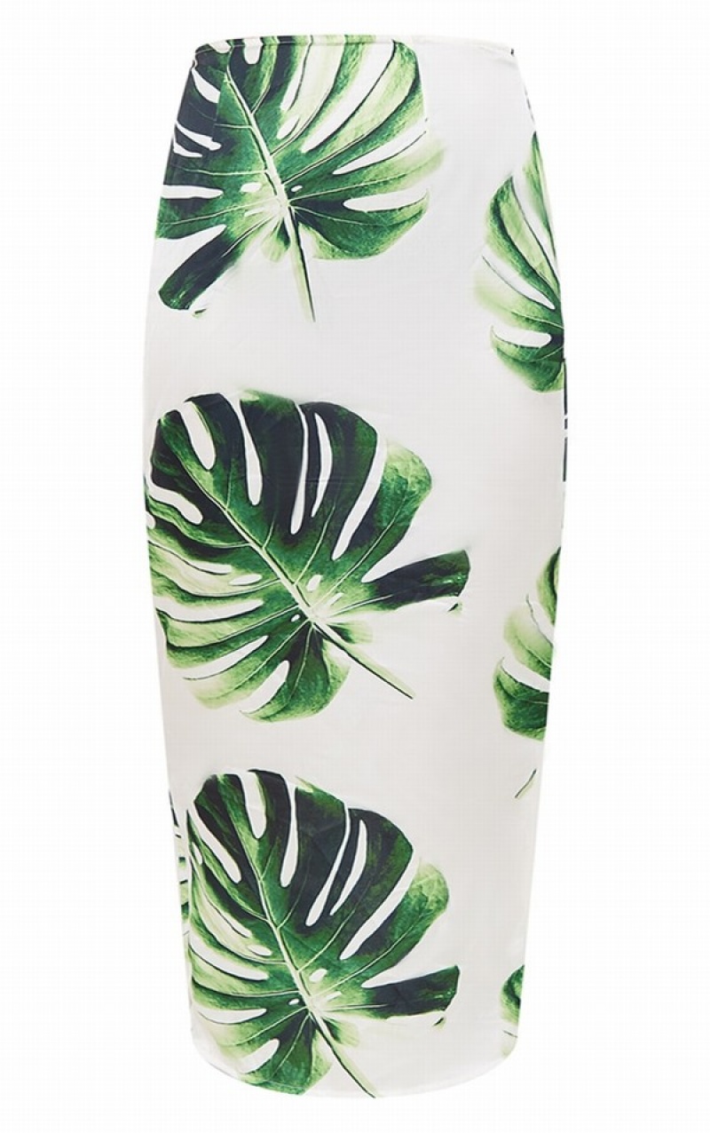 Fuste Pretty Little Thing Plus Palm Leaf Printed Satin Low Rise Maxi Albi | FGVU26058