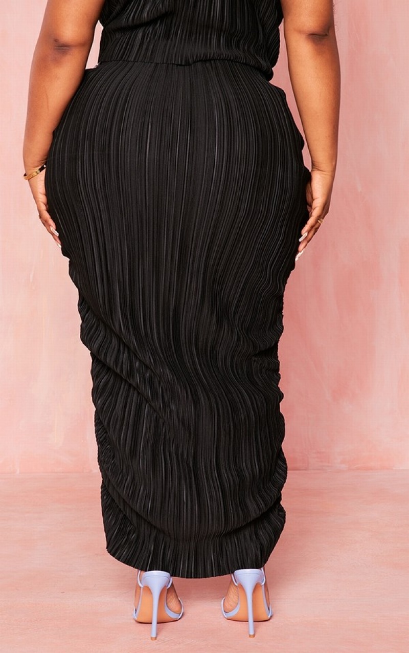 Fuste Pretty Little Thing Plus Plisse Drape Front Maxi Negrii | AOKR47190