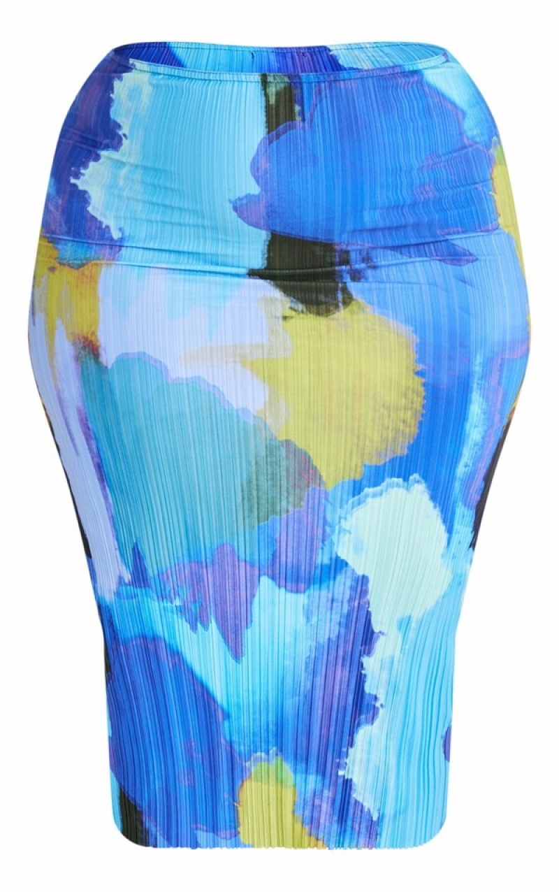 Fuste Pretty Little Thing Plus Print Plisse Albastri | TSDP94728