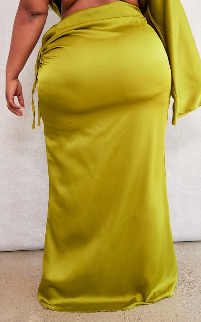 Fuste Pretty Little Thing Plus Ruched Side Satin Midaxi Masline Verzi | ZJRW95310