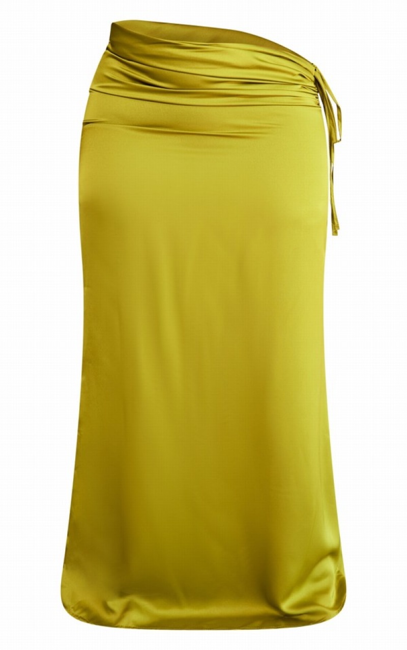 Fuste Pretty Little Thing Plus Ruched Side Satin Midaxi Masline Verzi | ZJRW95310