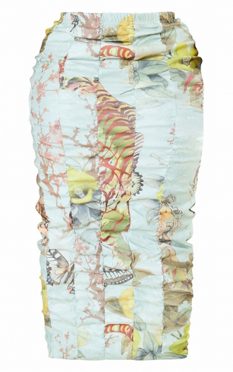 Fuste Pretty Little Thing Plus Sage Printed Bengaline Ruched Masline Verzi Verzi | MIXV80745