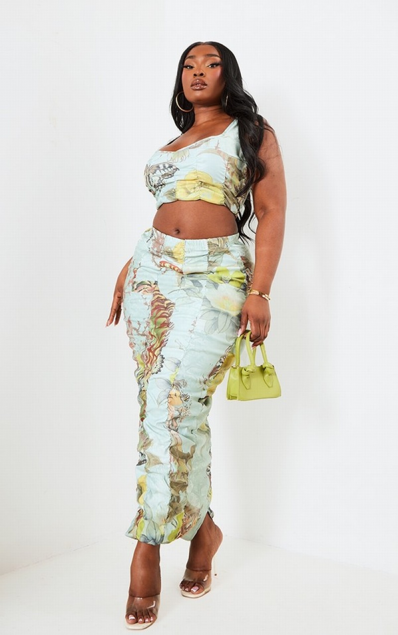 Fuste Pretty Little Thing Plus Sage Printed Bengaline Ruched Masline Verzi Verzi | MIXV80745