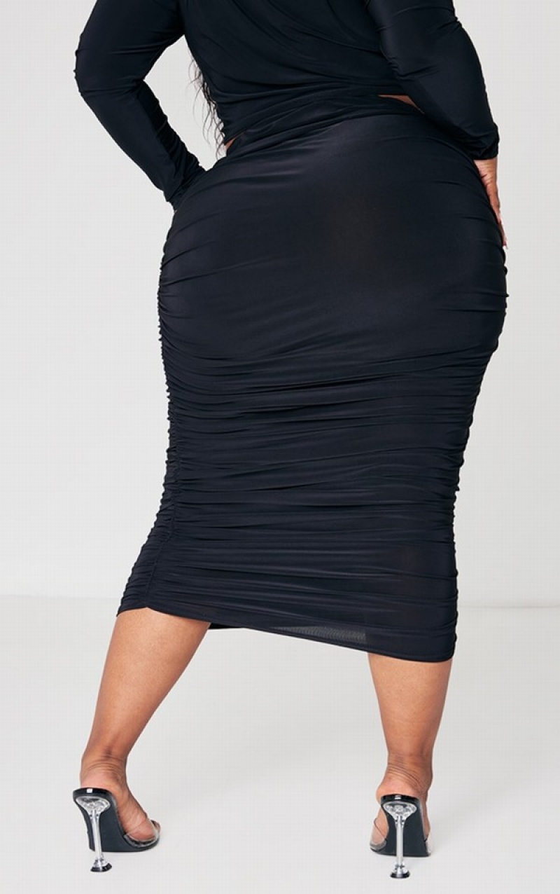 Fuste Pretty Little Thing Plus Slinky Ruched Side Midaxi Negrii | CMJK41935