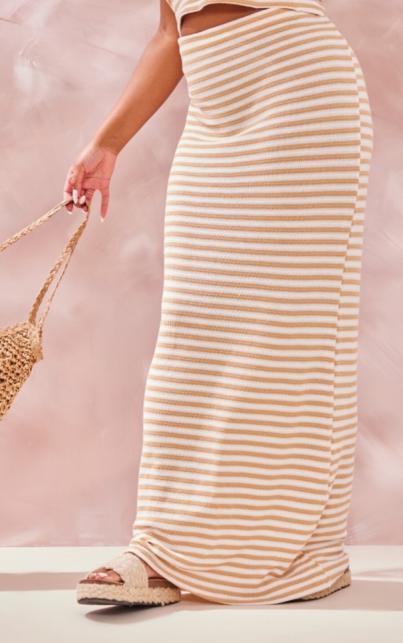 Fuste Pretty Little Thing Plus Stone Stripe Midaxi Gri | HDZN70831