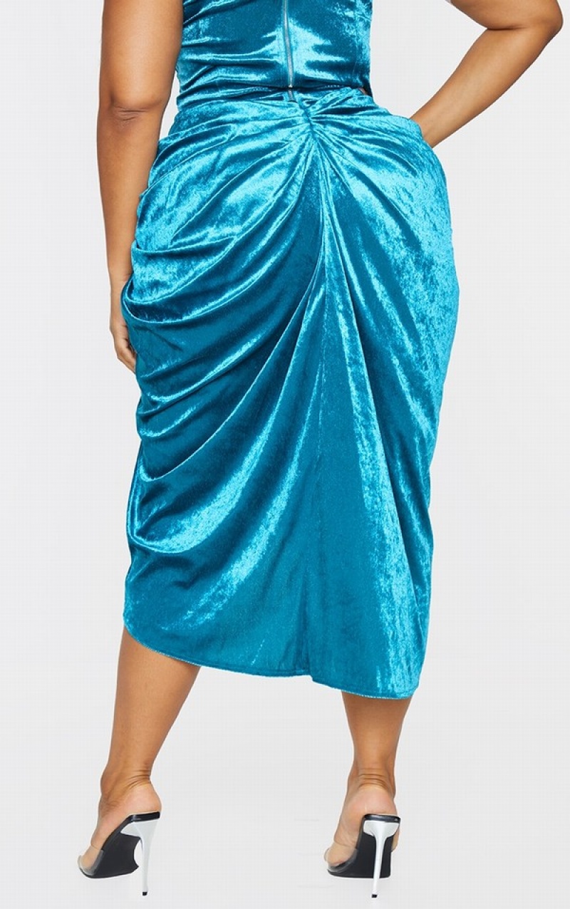 Fuste Pretty Little Thing Plus Teal Velvet Ruched Side Turcoaz | XVJU13786