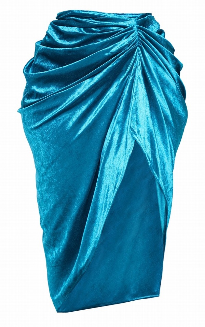 Fuste Pretty Little Thing Plus Teal Velvet Ruched Side Turcoaz | XVJU13786