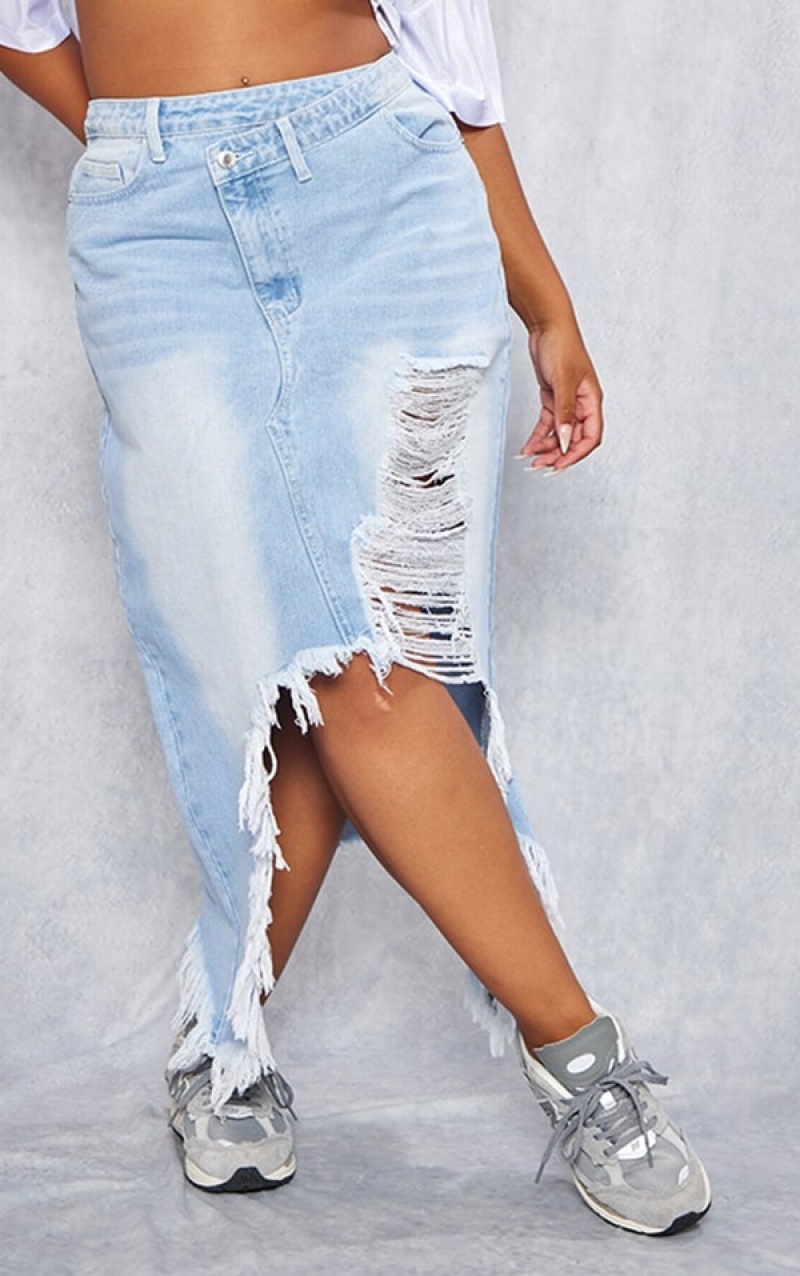 Fuste Pretty Little Thing Plus Wash Distressed Detail Albastri Deschis Albastru Deschis | BWTU75083