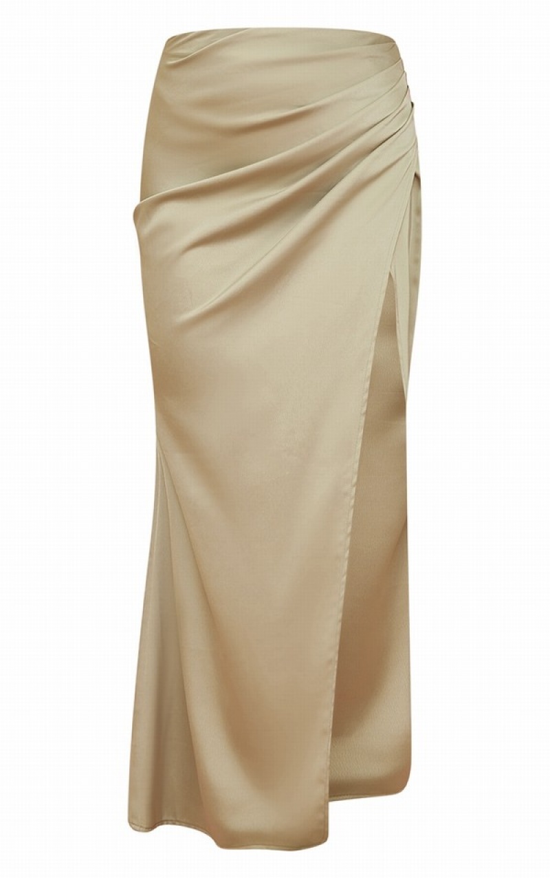 Fuste Pretty Little Thing Sage StructuSatin V Front Ruched Split Front Maxi Masline Verzi Verzi | QTIY23069