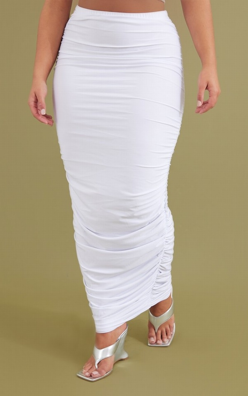 Fuste Pretty Little Thing Shape Slinky Ruched Midaxi Bodycon Albi | TNDM82943