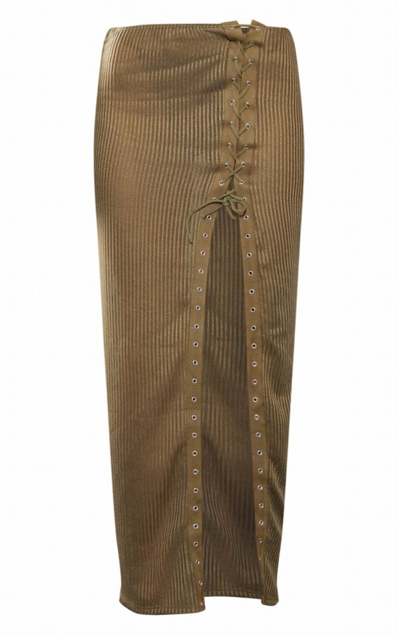 Fuste Pretty Little Thing Sheer Soft Rib Dantela Up Thigh Split Midaxi Kaki | RHMJ67210