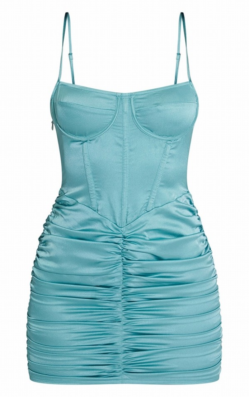Fuste Pretty Little Thing Teal Satin Cu Bretele Corset Detail Ruched Bodycon Turcoaz | VOWQ47362