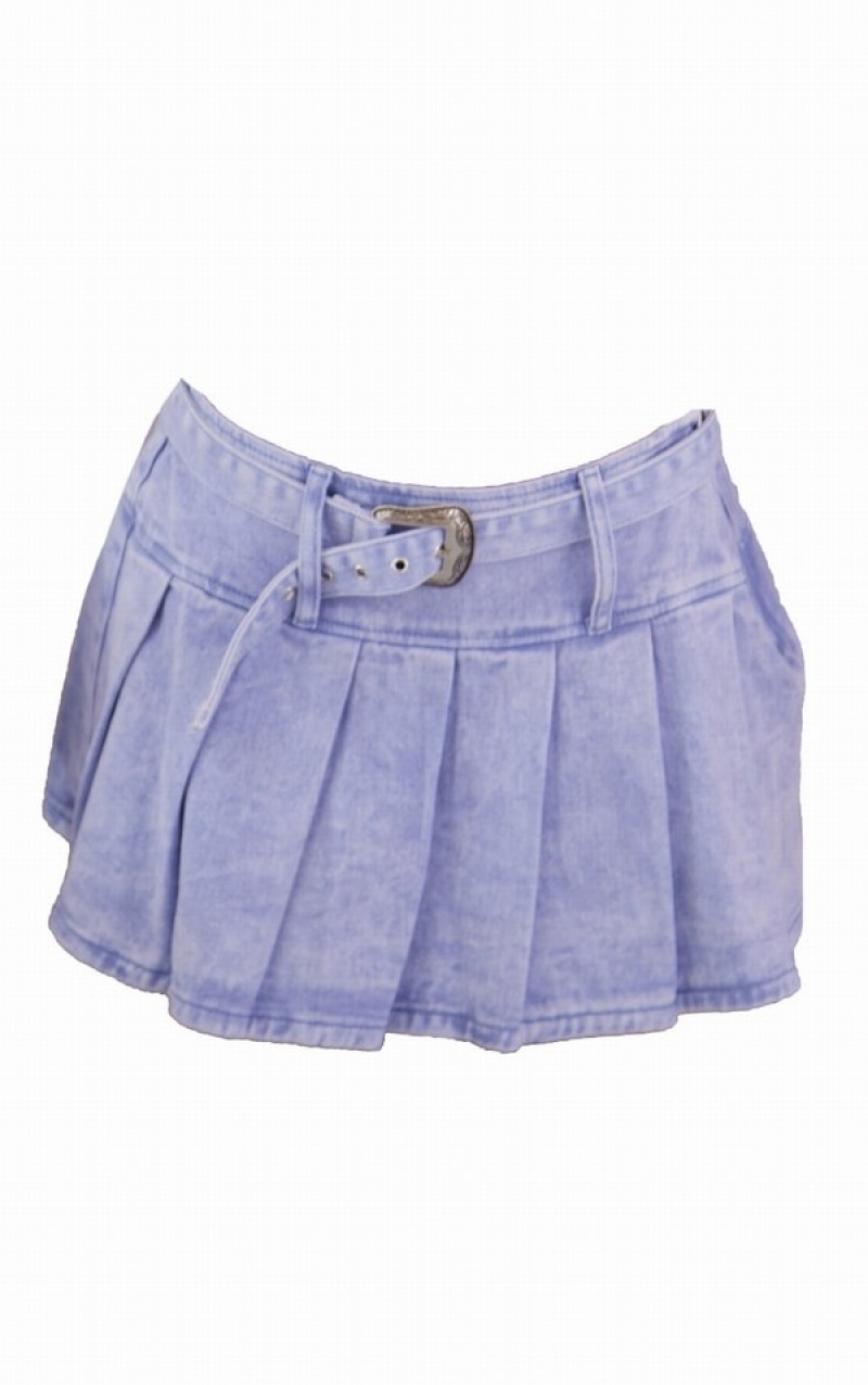 Fuste Pretty Little Thing Washed Detail Plisat Tenis Albastri | ZABE53619