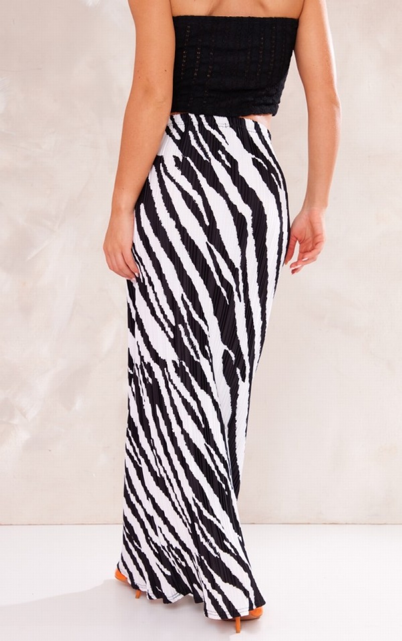 Fuste Pretty Little Thing Zebra Printed Plisse Maxi Negrii | BXZS31278