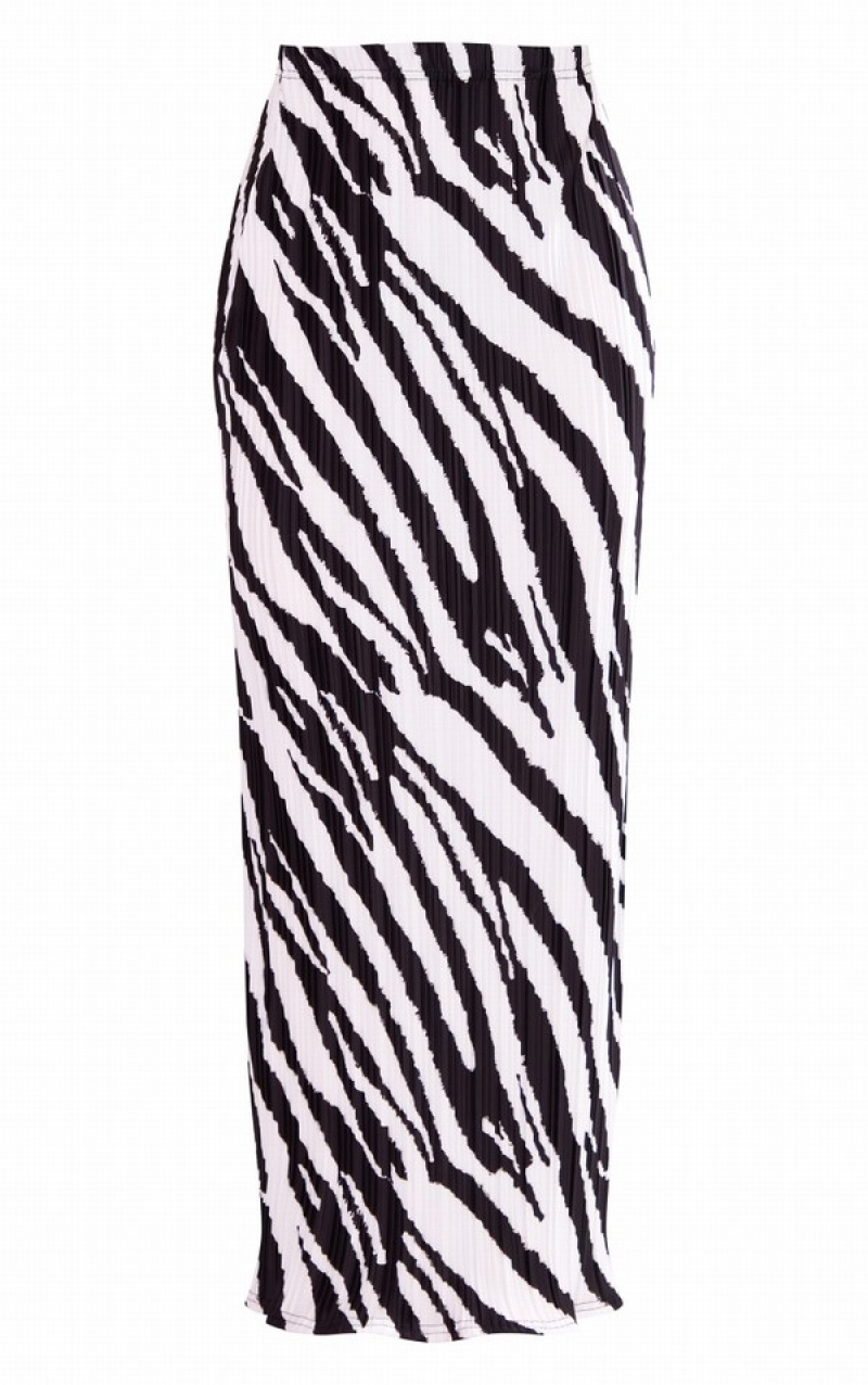 Fuste Pretty Little Thing Zebra Printed Plisse Maxi Negrii | BXZS31278