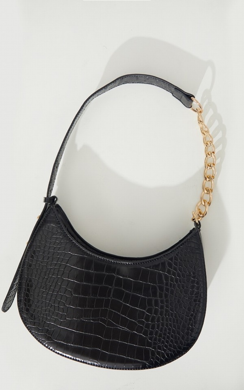 Geanta De Umar Pretty Little Thing Croc Crescent Mixed Chain Curea Negrii | BRZV65789