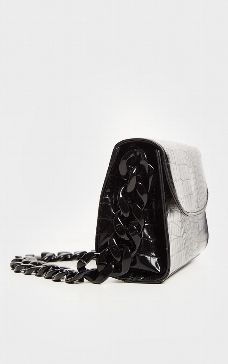 Geanta De Umar Pretty Little Thing Croc Grosolan Chain Negrii | MNKW57638