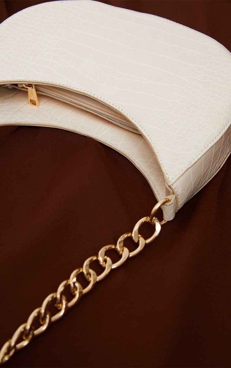 Geanta De Umar Pretty Little Thing Croc Crescent Mixed Chain Curea Albi | PFVU60259